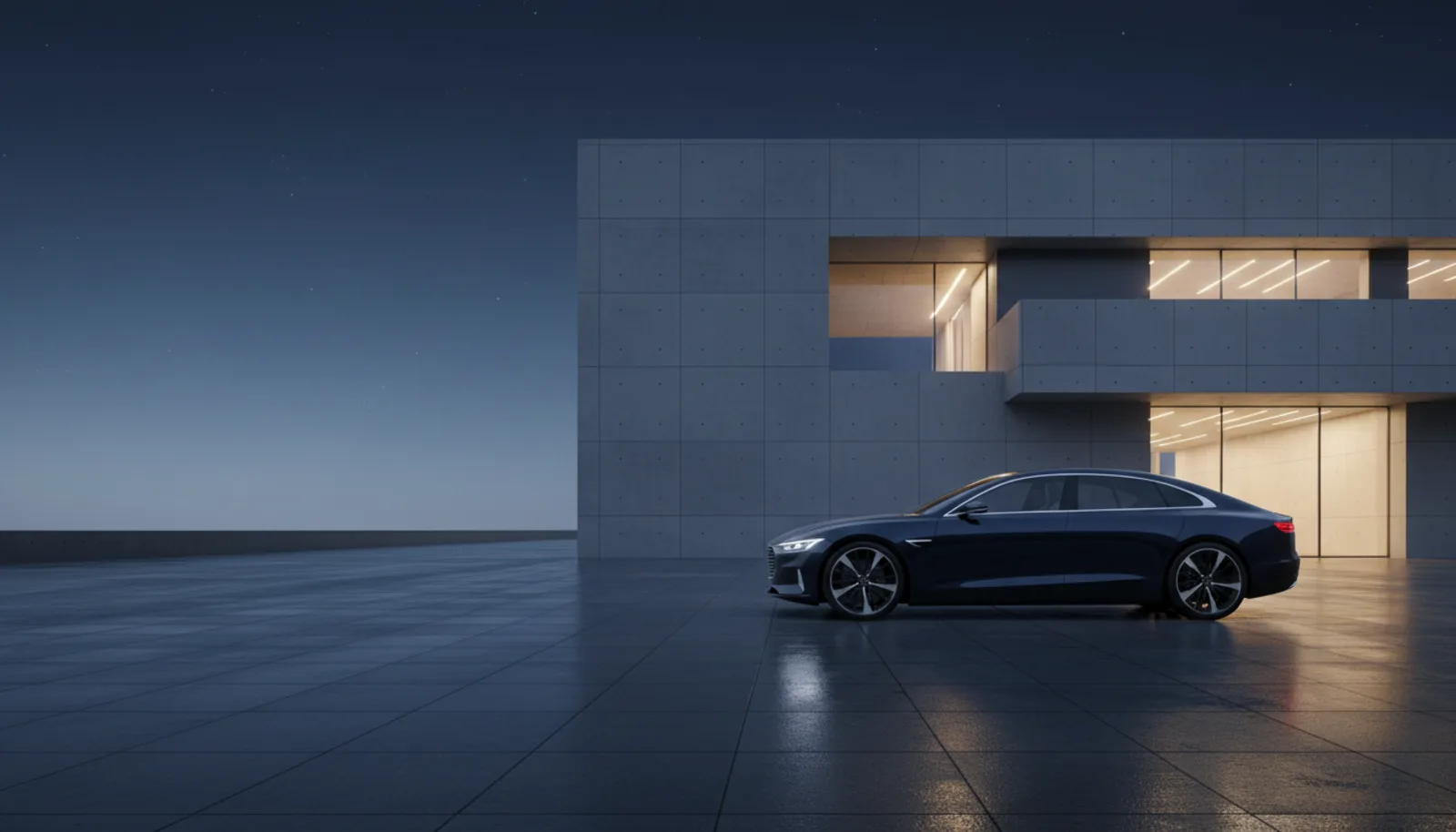 Premium-Fahrzeug vor moderner Architektur bei Dämmerung